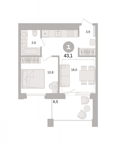 1-комнатная, квартира, 43.1 м²