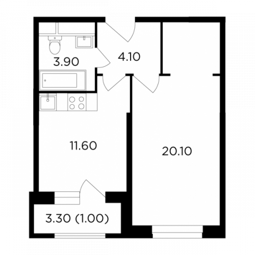 1-комнатная, 40.6 м²