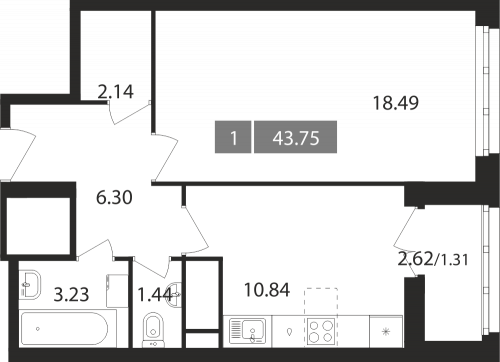 1-комнатная, квартира, 43.75 м²