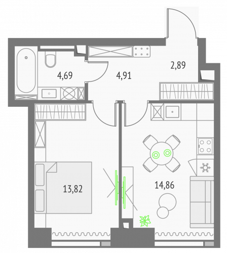 1-комнатная, квартира, 41.17 м²