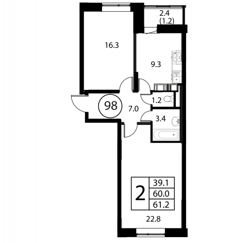 2-комнатная, квартира, 61.2 м²