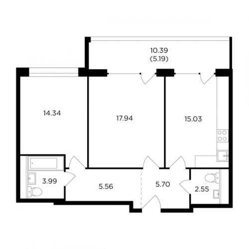 2-комнатная, 70.3 м²