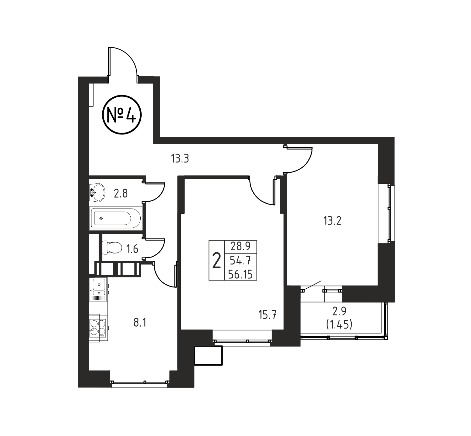 2-комнатная квартира №4, 56,2 м² за 7,97 млн руб. в ЖК «Космос» - планировка