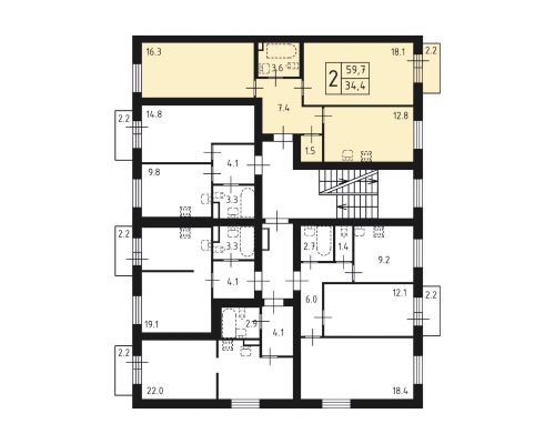 2-комнатная, квартира, 59.7 м²