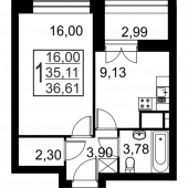 1-комнатная квартира 36.61 м²