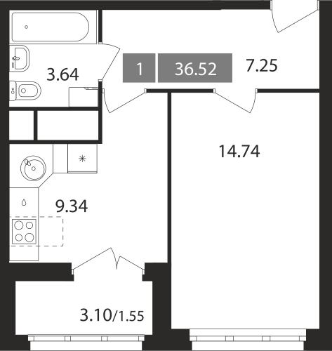 1-комнатная, квартира, 36.52 м²