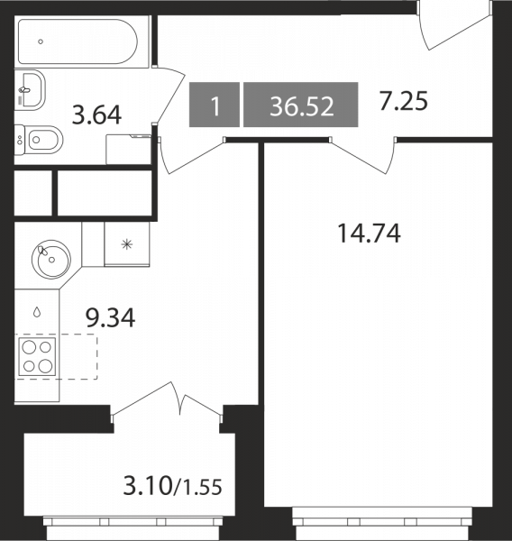 1 комната до 36.52