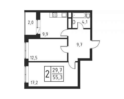 2-комнатная, квартира, 55.4 м²