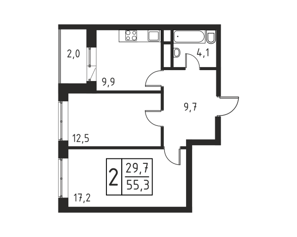 2 комнаты до 55.4
