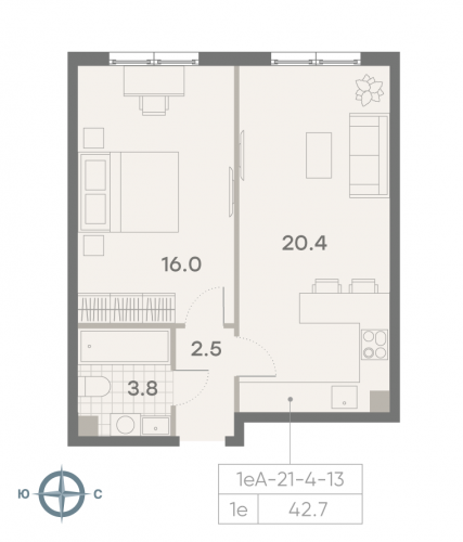 1-комнатная, квартира, 42.7 м²
