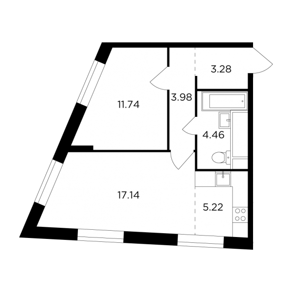 2-комнатная квартира №1285, 45,8 м² за 18,48 млн руб. в ЖК «КутузовGRAD II» - планировка