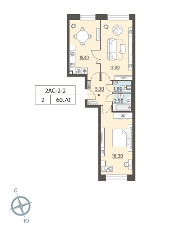 2-комнатная, квартира, 60.7 м²