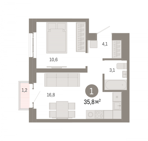 1-комнатная, квартира, 35.8 м²