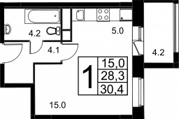 1-комнатная квартира 30,4 м²