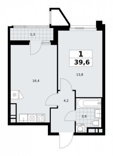 1-комнатная, 39.6 м²