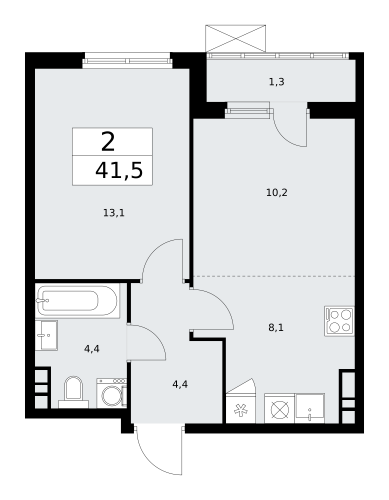 2-комнатная, 41.5 м²