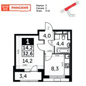 1-комнатная квартира 32,6 м²