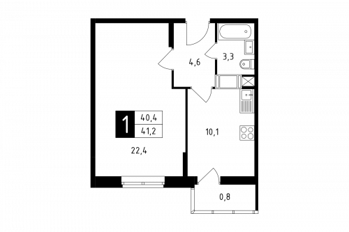 1-комнатная, квартира, 41.2 м²