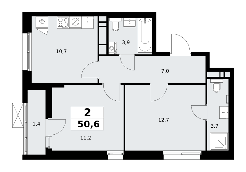 2-комнатная квартира №58К-7.1.1-51, 50,6 м² за 14,61 млн руб. в ЖК «Прокшино» - планировка