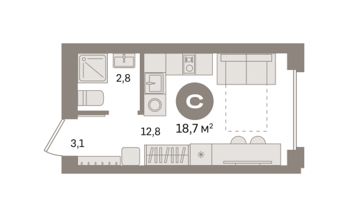 Студия, 18.66 м²