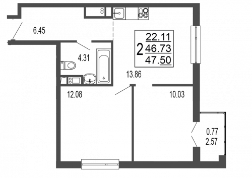 2-комнатная, квартира, 48.28 м²