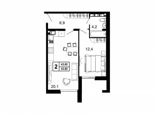 2-комнатная, 43.2 м²