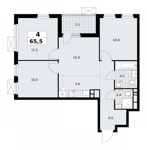 Многокомнатная, 65.5 м²