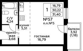 1-комнатная квартира 31,4 м²