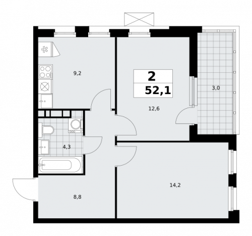 2-комнатная, 52.1 м²
