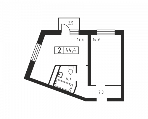 2-комнатная, 44.4 м²