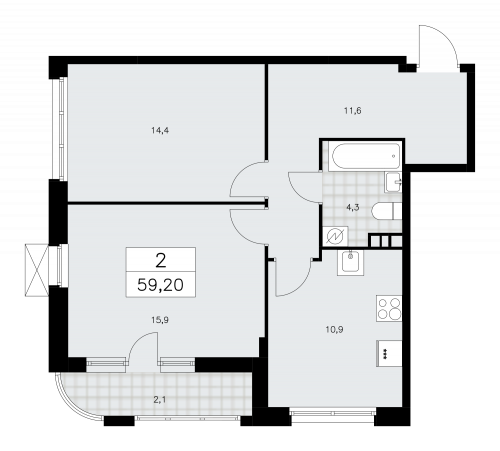 2-комнатная, 59.2 м²