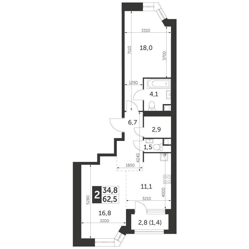 2-комнатная квартира №1022, 62,5 м² за 27,29 млн руб. в ЖК «Архитектор» - планировка
