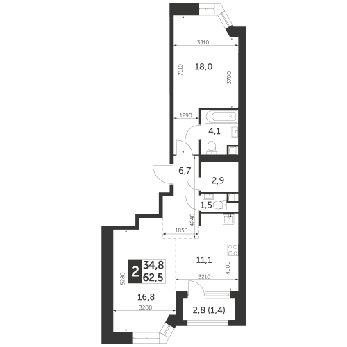 2-комнатная, квартира, 62.5 м²