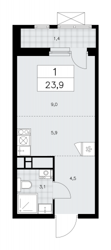 1-комнатная, 23.9 м²