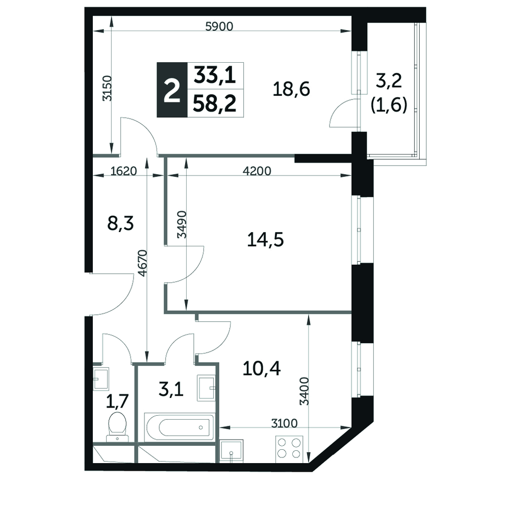 2-комнатная квартира №423, 58,2 м² за 11,13 млн руб. в ЖК «Датский квартал» - планировка