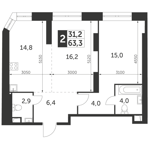2-комнатная, квартира, 63.3 м²