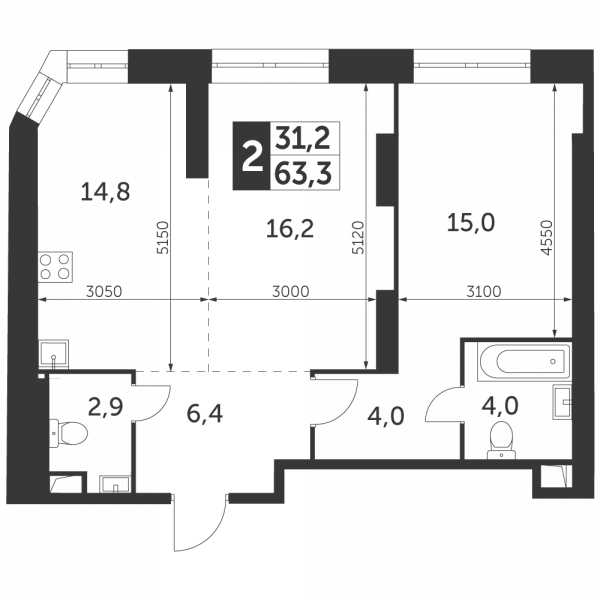 2 комнаты до 63.3