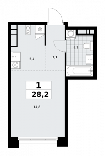 1-комнатная, 28.2 м²