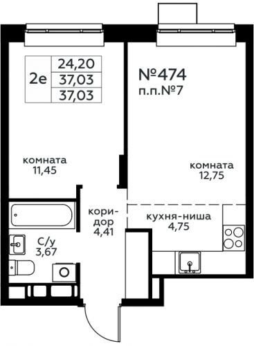 2-комнатная, 37.03 м²