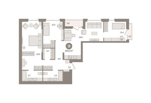 3-комнатная, квартира, 103.23 м²