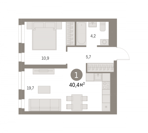 1-комнатная, 40.42 м²