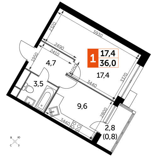 1-комнатная, 36 м²