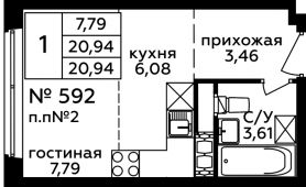 1-комнатная квартира 20,94 м²