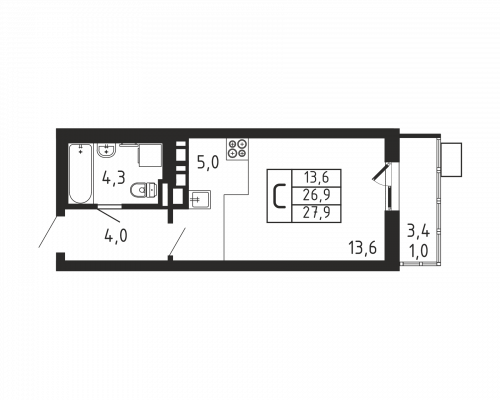 Студия, 27.9 м²