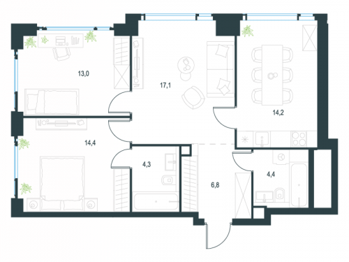 3-комнатная, 74.2 м²