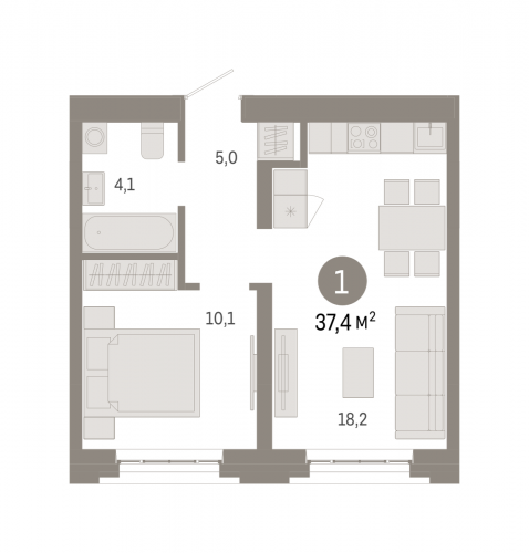 1-комнатная, квартира, 37.4 м²