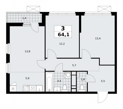 3-комнатная, 64.1 м²