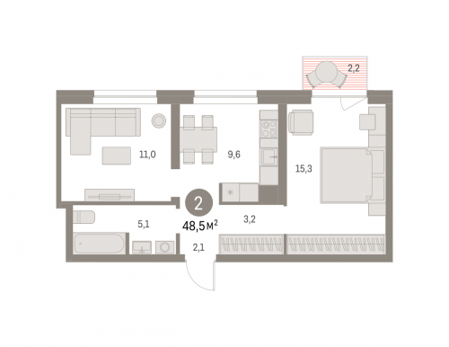 2-комнатная, 48.45 м²