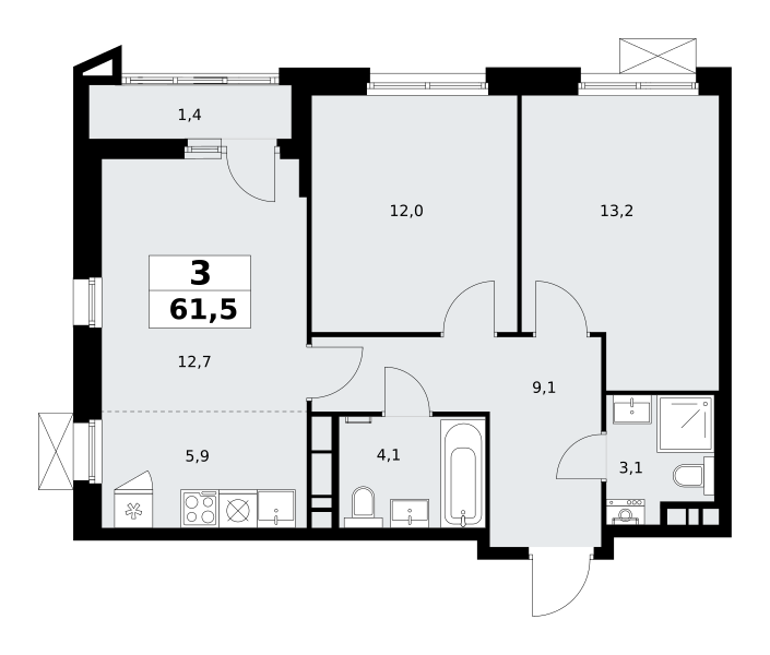 3-комнатная квартира №58К-7.1.1-37, 61,5 м² за 16,82 млн руб. в ЖК «Прокшино» - планировка