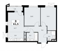 3-комнатная квартира 61,5 м²